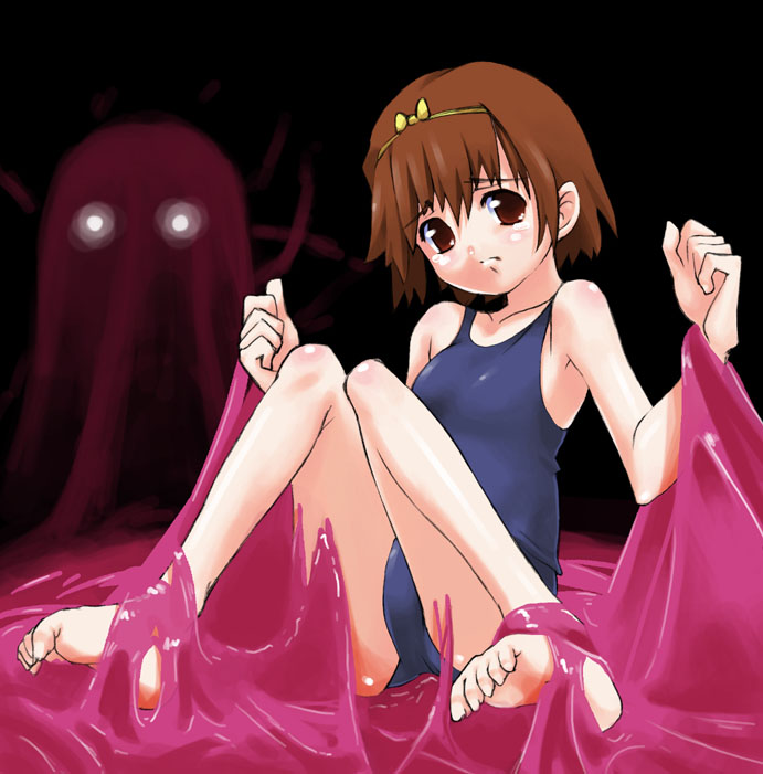 artist_request barefoot black_school_swimsuit brown_eyes brown_hair copyright_request one-piece_swimsuit school_swimsuit short_hair slime solo sticky swimsuit