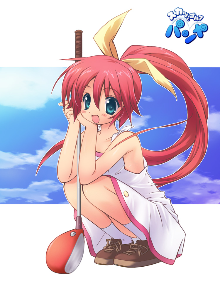 :d armpits artist_request bangs bare_shoulders blue_eyes blush buttons chin_rest cloud copyright_name day dress flat_chest golf_club hair_between_eyes hair_ribbon hana_(pangya) hands_together knees_to_chest long_hair looking_at_viewer no_bra open_mouth own_hands_together pangya panties pantyshot pantyshot_(squatting) pink_hair ponytail profile ribbon shoes sky smile sneakers socks solo squatting sundress underwear very_long_hair white_legwear white_panties