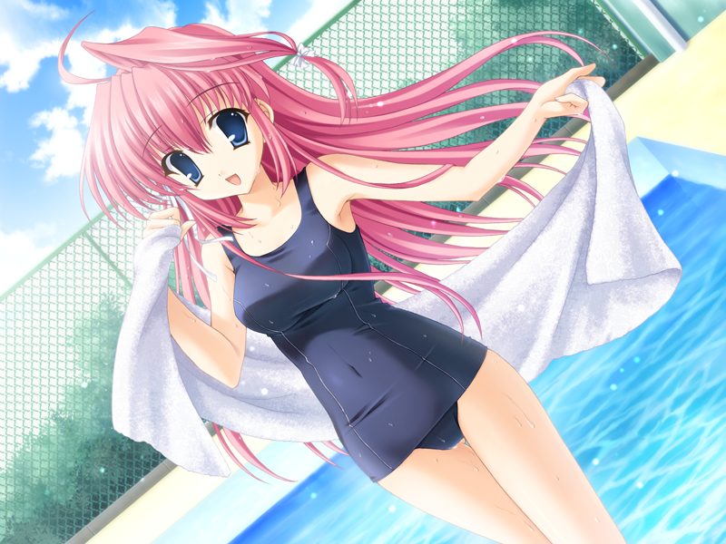 :d artist_request chain-link_fence cloud covered_navel day dutch_angle fence game_cg long_hair looking_at_viewer one-piece_swimsuit open_mouth outdoors pink_hair pool poolside school_swimsuit smile solo sukumizu_2 swimsuit thigh_gap towel wet