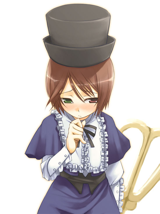 brown_hair duplicate frills green_eyes hand_on_own_face hat heterochromia jirou_(chekoro) long_sleeves looking_away neck_ribbon oversized_object red_eyes ribbon rozen_maiden scissors short_hair shy simple_background solo souseiseki top_hat