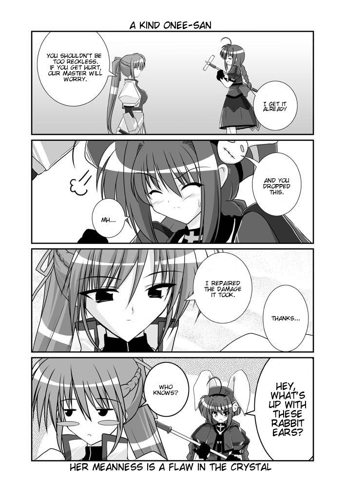 animal_ears blush_stickers braid bunny_ears comic doujinshi gloves graf_eisen greyscale hammer hard_translated hat jacket lyrical_nanoha magical_girl mahou_shoujo_lyrical_nanoha mahou_shoujo_lyrical_nanoha_a's mikage_takashi monochrome multiple_girls open_clothes open_jacket ponytail signum translated twin_braids vita waist_cape