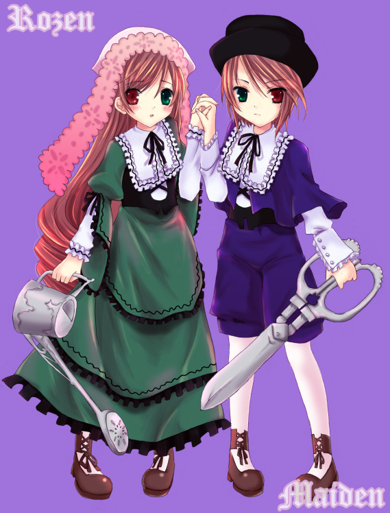 haruno_ichigo heterochromia long_sleeves multiple_girls pantyhose rozen_maiden scissors siblings sisters souseiseki suiseiseki twins watering_can
