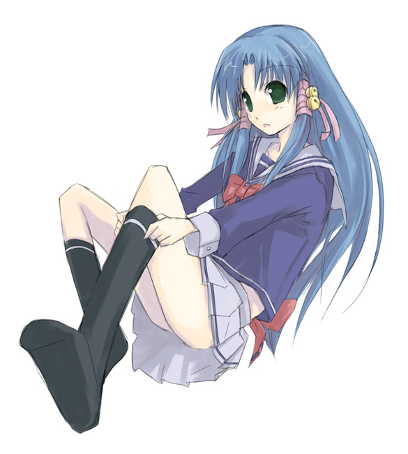 adjusting_sock aoba_kozue blue_hair fuchuu green_eyes hair_tubes long_hair long_sleeves looking_at_viewer mahoraba no_shoes pleated_skirt school_uniform skirt socks solo