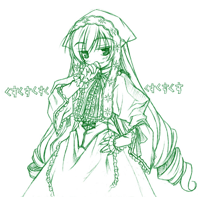 artist_request green hand_on_hip laughing long_hair long_sleeves monochrome ojou-sama_pose rozen_maiden smirk solo suiseiseki very_long_hair