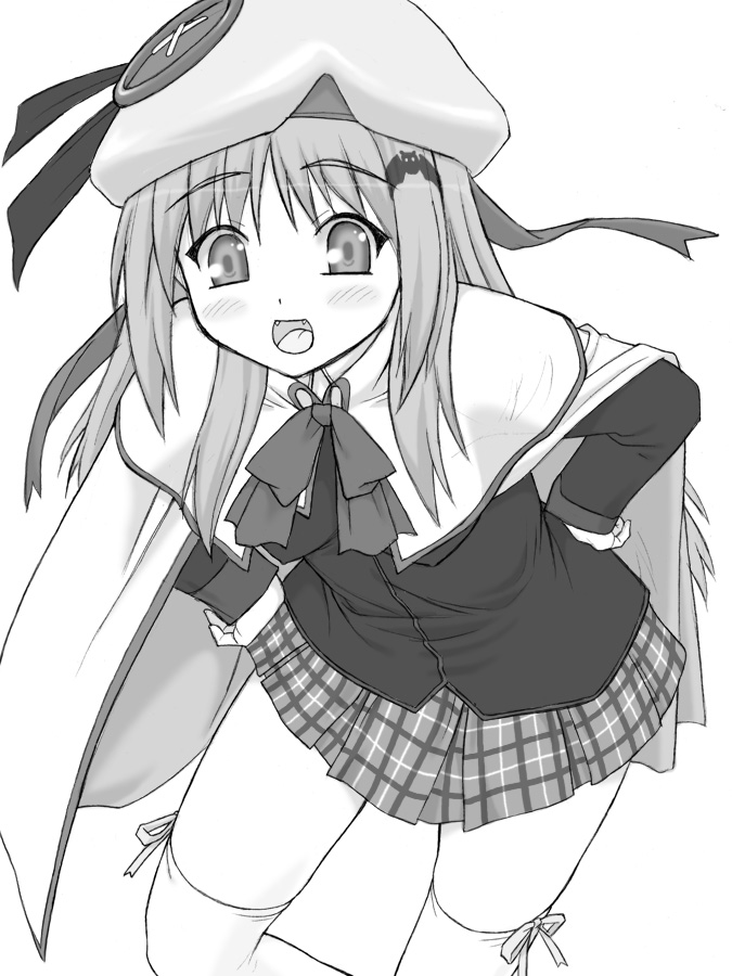 beret buttons cape fangs greyscale hat large_buttons little_busters! long_hair long_sleeves monochrome noumi_kudryavka shichimenchou solo thighhighs