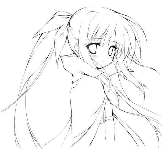 cape dress fate_testarossa from_side greyscale hair_ribbon long_hair looking_at_viewer lyrical_nanoha magical_girl mahou_shoujo_lyrical_nanoha mahou_shoujo_lyrical_nanoha_a's monochrome munyuu parted_lips ponytail ribbon simple_background solo upper_body white_background