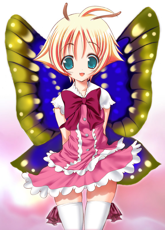 antenna_hair aqua_eyes blonde_hair bug butterfly insect orange_hair raidon shimon shimotsuma solo thighhighs