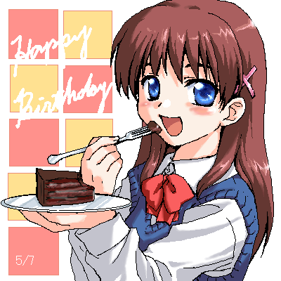 birthday blue_eyes blush brown_hair cake eating food fork long_sleeves lowres misaki_juri oekaki one pastry school_uniform solo yuzuki_shiiko