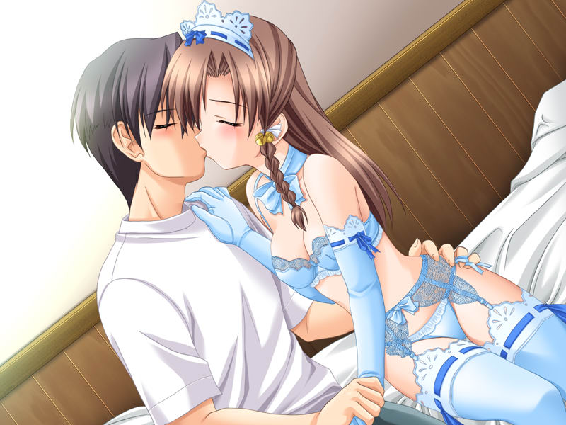 1girl bed bell blue_bra blue_gloves blue_legwear blue_panties bow bowtie bra braid couple dutch_angle elbow_gloves game_cg garter_belt gloves hair_bell hair_ornament hand_on_another's_hip hat hetero indoors kiss lace lace-trimmed_bra lace-trimmed_gloves lace-trimmed_thighhighs lingerie maid mihara_kasumi norizou_type-r panties ribbon ribbon-trimmed_gloves ribbon-trimmed_legwear ribbon_trim shoulder_grab side-tie_panties takeuchi_ryouji tenshi_no_scanty thighhighs underwear underwear_only wrist_grab