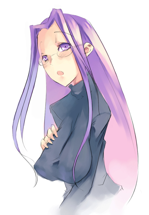 blush breasts covered_nipples fate/stay_night fate_(series) glasses impossible_clothes large_breasts long_hair long_sleeves mikage_sekizai open_mouth purple_eyes purple_hair rider simple_background solo turtleneck upper_body very_long_hair white_background