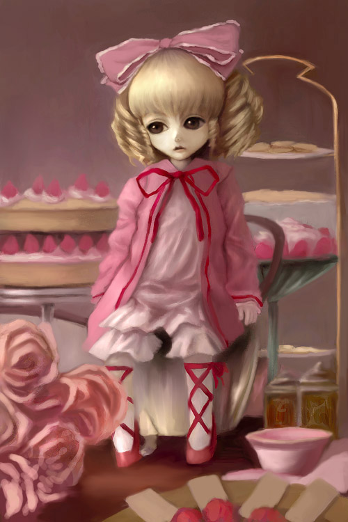 blonde_hair bow brown_eyes cake cross-laced_footwear dress flower food fruit full_body hair_bow hina_ichigo jacket long_sleeves looking_to_the_side oisin open_clothes open_jacket pantyhose parted_lips pink_bow ribbon rozen_maiden short_hair sitting solo strawberry sweets two_side_up white_dress white_legwear