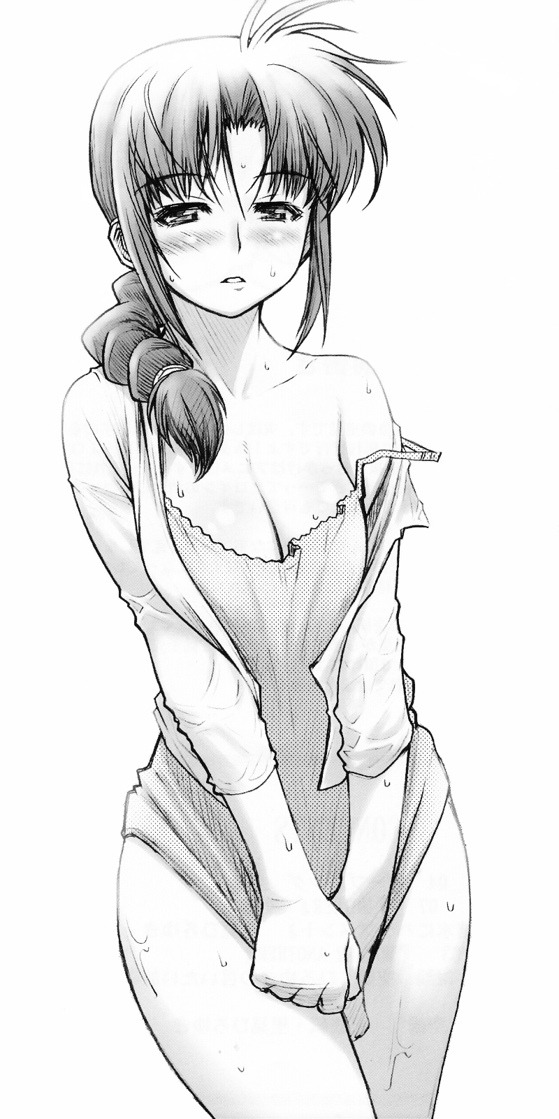 artist_request blush bottomless braid breasts camisole cleavage covering covering_crotch greyscale highres kawase_ryouko large_breasts long_sleeves major monochrome open_clothes open_shirt ponytail shirt solo strap_slip sweat