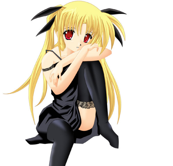 artist_request bangs blonde_hair fate_testarossa lace lace-trimmed_thighhighs lingerie long_hair lyrical_nanoha mahou_shoujo_lyrical_nanoha red_eyes solo thighhighs underwear