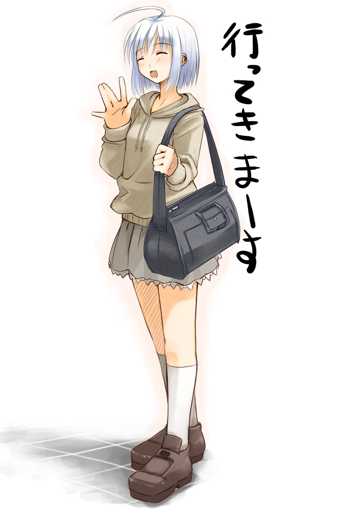 \||/ ahoge bag blush boots brown_footwear carrying_over_shoulder closed_eyes copyright_request frilled_skirt frills full_body happy hood hoodie jirou_(chekoro) kneehighs long_sleeves miniskirt open_mouth over_shoulder school_bag silver_hair simple_background skirt smile socks solo standing tile_floor tiles tote_bag waving white_background