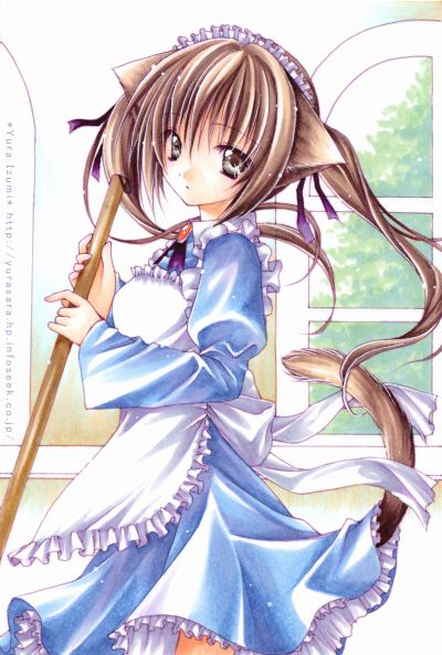 animal_ears broom brown_hair cat_ears copyright_request izumi_yura long_sleeves maid maid_headdress solo tail
