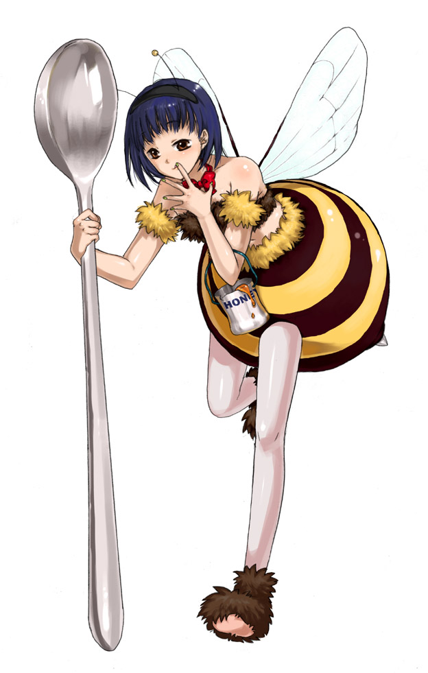 bee_girl blue_hair hanamo holding holding_spoon insect_girl monster_girl original pantyhose short_hair solo spoon wings