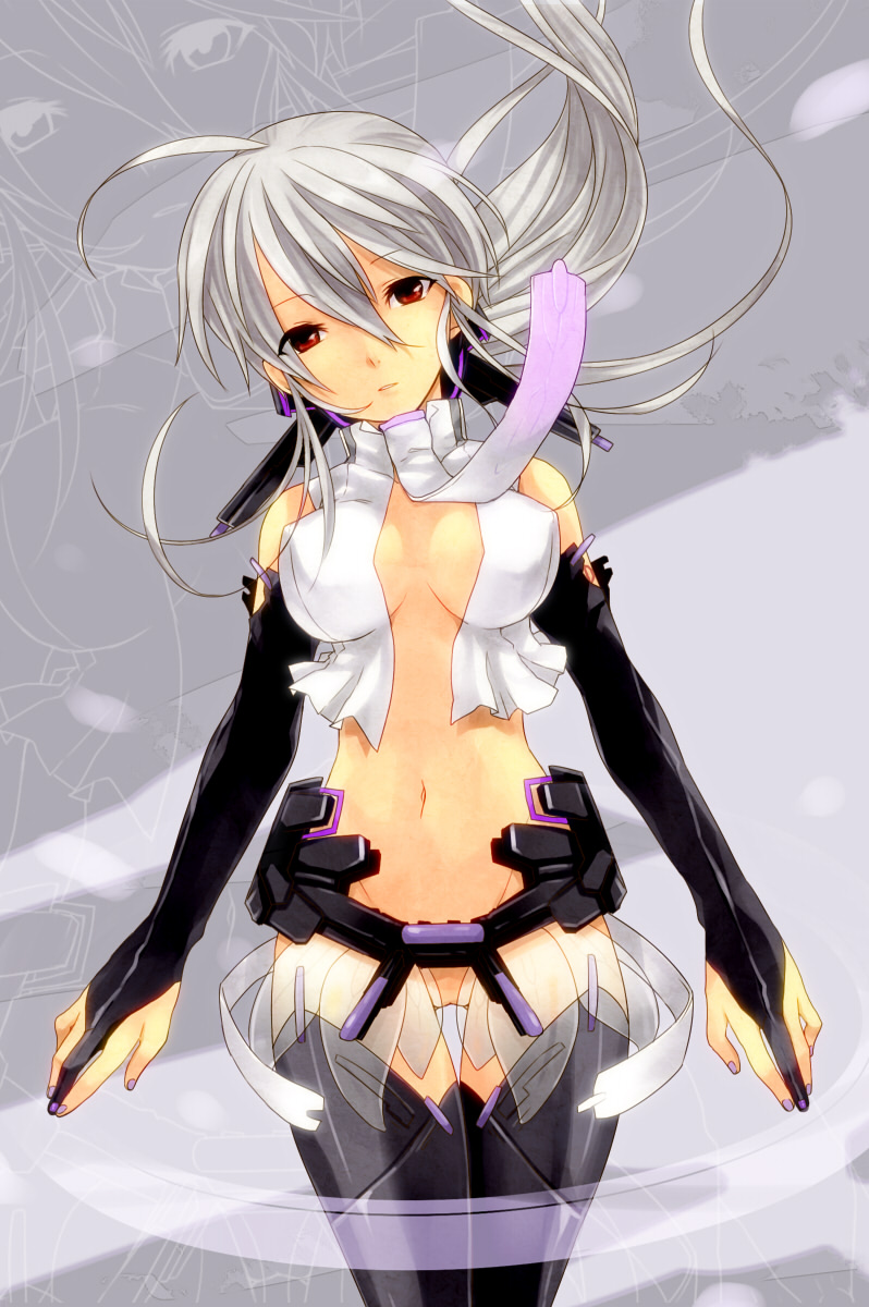 ahoge bad_id bad_pixiv_id breasts bridal_gauntlets cleavage cosplay elbow_gloves error gloves highres impossible_clothes large_breasts long_hair midriff nail_polish navel necktie no_panties no_pussy open_clothes open_shirt purple_nails red_eyes see-through shirt silver_hair solo thigh_gap thighhighs toudou_charo vocaloid vocaloid_append voyakiloid yowane_haku yowane_haku_(append)