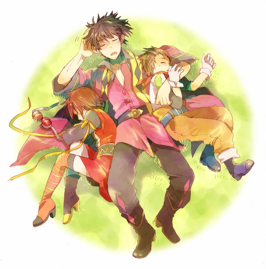 2boys asymmetrical_clothes bad_id bad_pixiv_id black_hair brown_hair gloves goggles green_background height_difference karol_capel matsuko mismatched_footwear multiple_boys raven_(tales) rita_mordio scarf short_hair size_difference sleeping tales_of_(series) tales_of_vesperia