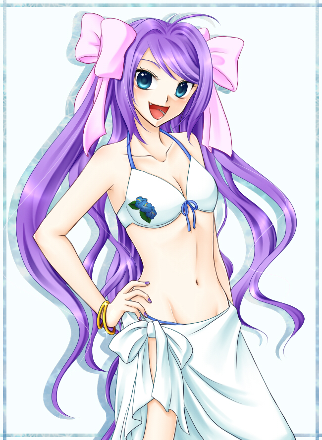 bad_id bad_pixiv_id bikini blue_eyes bow fang fictional_persona hair_bow hair_ornament hand_on_hip original purple_hair sacchon sarong self-portrait solo swimsuit twintails white_sarong