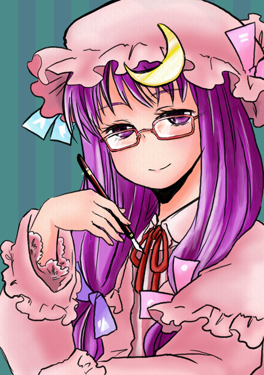 bespectacled glasses patchouli_knowledge pen smile solo touhou tsukikage_noa