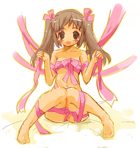 blush brown_eyes brown_hair copyright_request momiji_mao naked_ribbon nude ribbon solo twintails