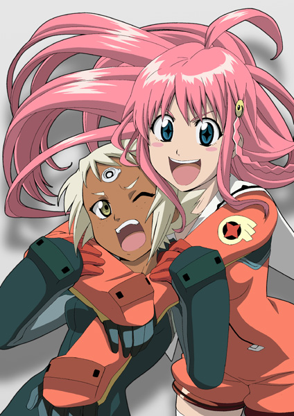 2girls arms_around_neck black_bodysuit blue_eyes blush_stickers bodysuit braid floating_hair freckles grey_background hair_ornament hug hug_from_behind isse lal'c_mellk_mal long_hair multiple_girls nono_(top_wo_nerae_2!) one_eye_closed open_mouth pink_hair symbol-shaped_pupils teeth thighhighs top_wo_nerae_2! white_bodysuit white_hair yellow_eyes