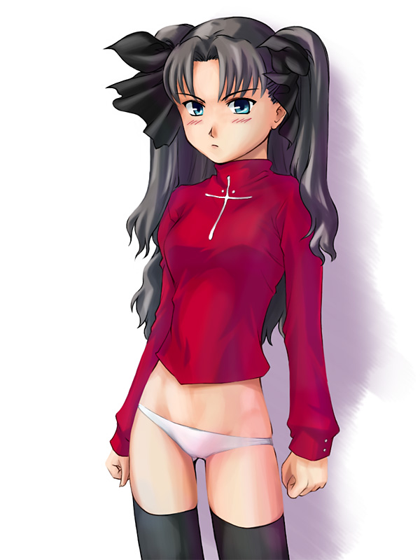 black_hair black_legwear blue_eyes blush cross fate/stay_night fate_(series) hair_ribbon latin_cross long_hair long_sleeves lowleg lowleg_panties no_pants panties pout ribbon solo standing takahashi_ren thighhighs toosaka_rin turtleneck two_side_up underwear white_panties