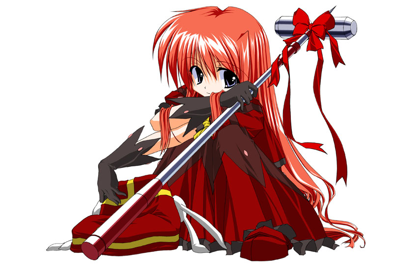 alternate_hairstyle black_gloves blue_eyes bow full_body gloves graf_eisen hair_down hammer hat long_hair long_sleeves looking_at_viewer lyrical_nanoha magical_girl mahou_shoujo_lyrical_nanoha mahou_shoujo_lyrical_nanoha_a's nonohara_nyorai red_hair ribbon simple_background smile solo untied vita white_background