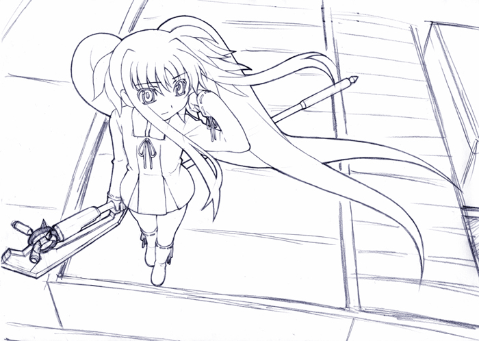 adjusting_hair bardiche closed_mouth expressionless fate_testarossa floating_hair floor from_above full_body greyscale holding holding_weapon long_hair lyrical_nanoha mahou_shoujo_lyrical_nanoha monochrome polearm ribbon selece solo standing twintails very_long_hair weapon