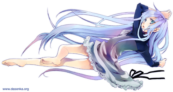 barefoot blue_hair dress feet from_above from_behind kurafuji_sachi long_hair long_sleeves looking_back looking_up lying on_stomach original solo toes very_long_hair