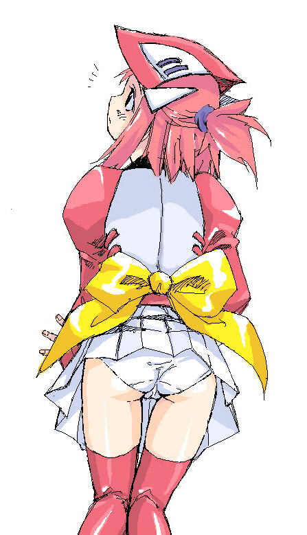 armor ass back boots bow copyright_request from_behind helm helmet jacket large_bow long_sleeves panties pink_hair ribbon satou_atsuki short_hair solo thigh_boots thigh_gap thighhighs underwear upskirt white_panties