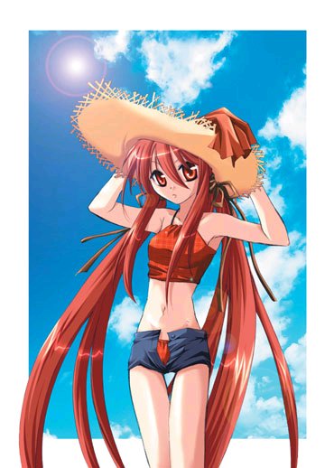 artist_request beach day halterneck hat long_hair red_eyes red_hair shakugan_no_shana shana short_shorts shorts solo straw_hat sun_hat unbuttoned very_long_hair