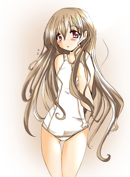 arms_behind_back artist_request blush brown_eyes brown_hair long_hair looking_at_viewer maria-sama_ga_miteru one-piece_swimsuit school_swimsuit solo swimsuit toudou_shimako very_long_hair white_school_swimsuit white_swimsuit