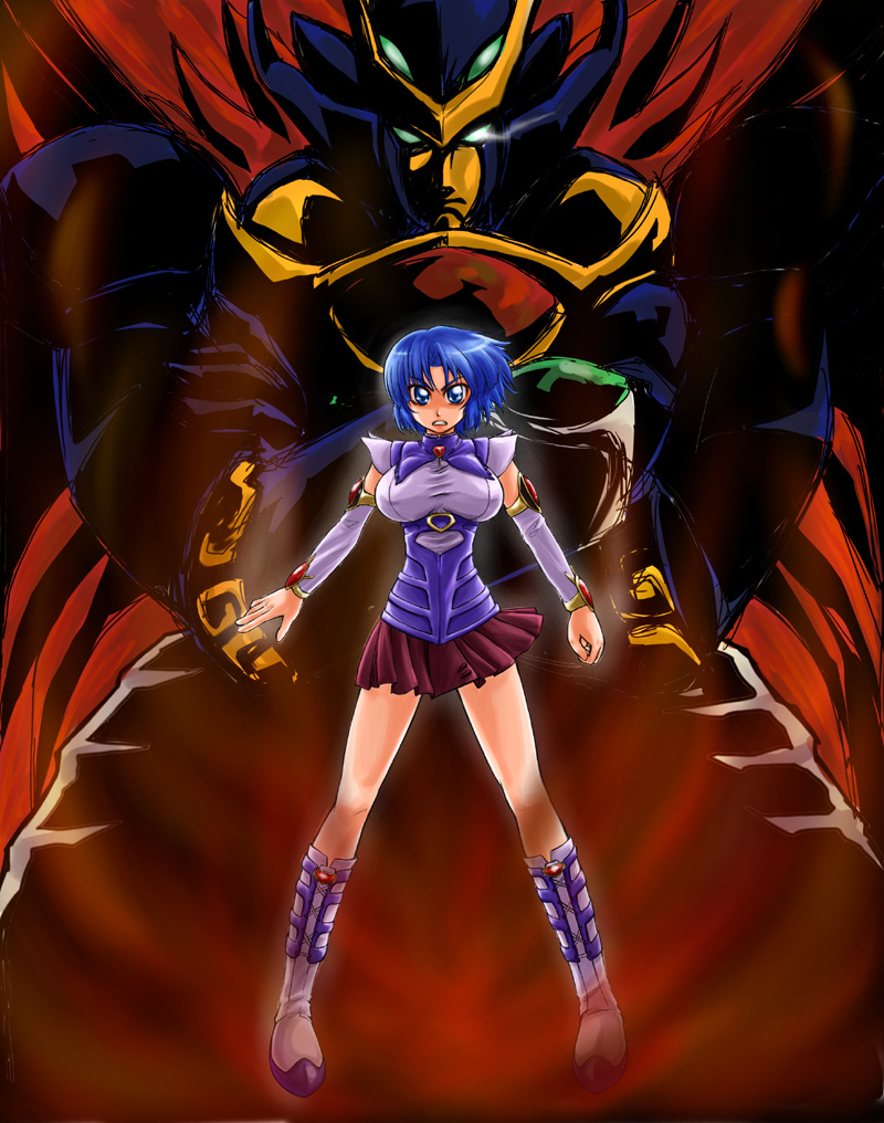 armlet artist_request black_hair blue_eyes boots breasts brooch full_body jewelry knee_boots kusuha_mizuha large_breasts long_sleeves looking_at_viewer mecha pleated_skirt red_skirt ryukooh skirt solo standing super_robot super_robot_wars