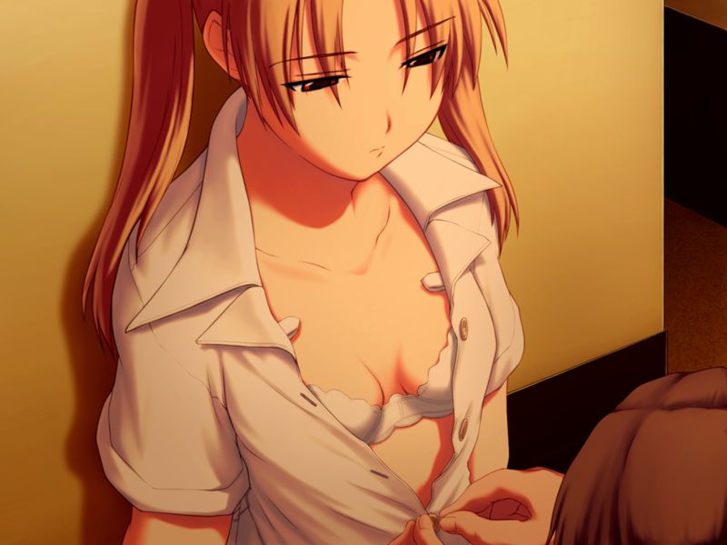 artist_request bra breasts buttons cleavage collarbone game_cg lingerie medium_breasts miyaji_saya open_clothes open_shirt orange_hair realize red_eyes shirt solo underwear undressing