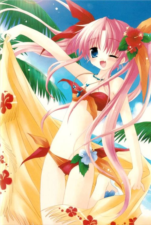 bikini blue_eyes copyright_request day fang flower hibiscus jewelry long_hair necklace one_eye_closed palm_tree pink_hair sakurazawa_izumi solo swimsuit tree twintails