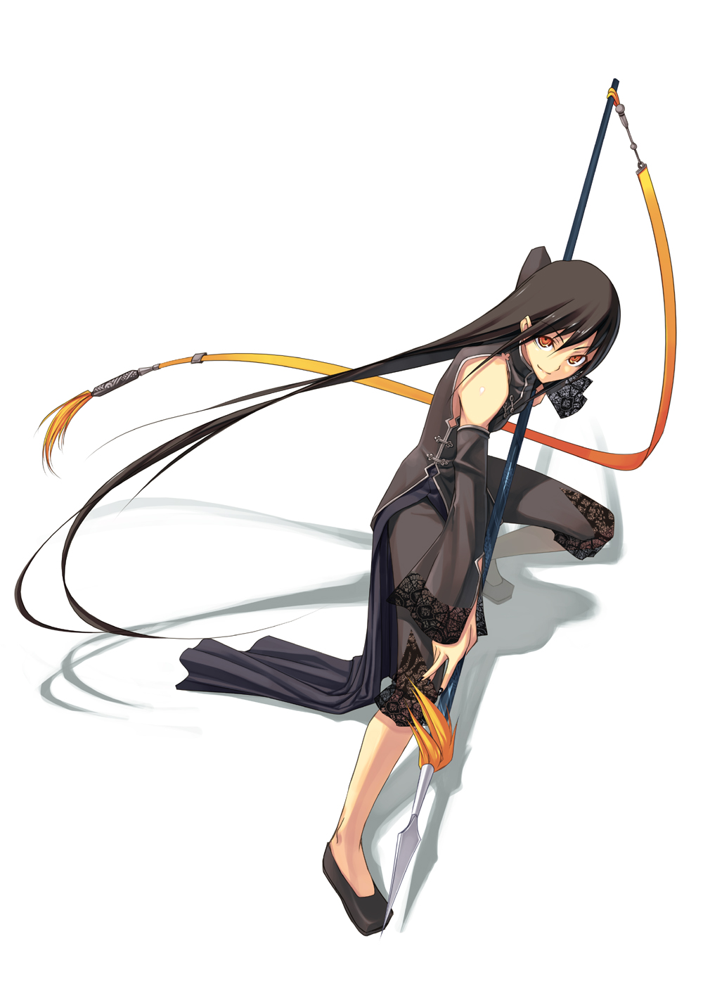 brown_hair detached_sleeves flats highres lace long_hair long_sleeves original polearm red_eyes shingo_(missing_link) solo spear very_long_hair weapon
