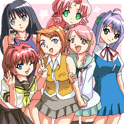 crossover dears kage_kara_mamoru! kaleido_star konnyaku_yuuna long_sleeves lowres magikano may_wong miu miyafuji_miina multiple_girls my-hime nakahara_mai oekaki onegai_twins orange_shirt pleated_skirt school_uniform seiyuu seiyuu_connection shirt skirt thighhighs tokiha_mai yoshikawa_maika