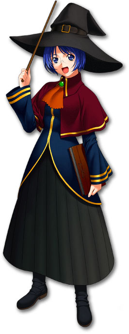 :d amelia_(quiz_magic_academy) artist_request ascot blue_eyes blue_hair bob_cut book brooch capelet dress glasses hat jewelry long_sleeves open_mouth quiz_magic_academy short_hair simple_background smile solo standing wand witch witch_hat