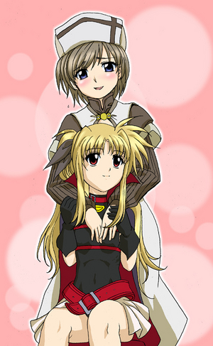 arms_around_neck artist_request belt blonde_hair blue_eyes blush bodysuit brown_hair chair cloak covered_navel fate_testarossa gloves hat hug hug_from_behind linith long_hair long_sleeves looking_up lowres lyrical_nanoha magical_girl mahou_shoujo_lyrical_nanoha miniskirt multiple_girls nurse_cap pink_background pleated_skirt red_eyes ribs short_hair simple_background sitting skin_tight skirt smile turtleneck twintails
