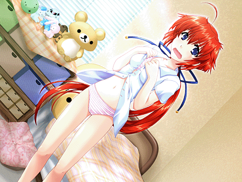 ahoge artist_request bed bedroom black_eyes blinds bra copyright_request embarrassed hair_ribbon indoors lingerie long_hair lowres open_mouth panties ponytail red_hair ribbon solo striped stuffed_animal stuffed_toy underwear undressing very_long_hair