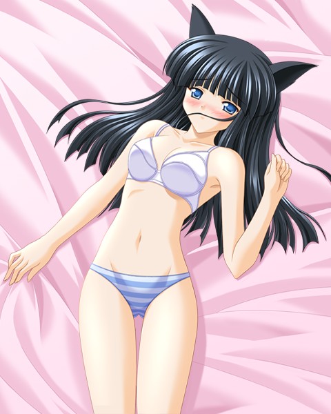 animal_ears artist_request bed bra cat_ears copyright_request lingerie long_hair panties solo underwear underwear_only