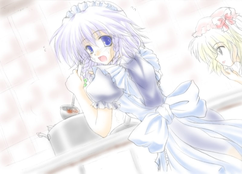 artist_request blue_eyes braid cooking dutch_angle flandre_scarlet izayoi_sakuya looking_back maid maid_headdress multiple_girls pale_color pot short_hair smile touhou twin_braids white_hair