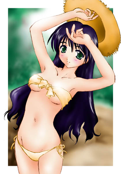 arms_up artist_request black_hair copyright_request front-tie_top green_hair hat lingerie long_hair looking_at_viewer panties side-tie_panties solo strapless straw_hat tubetop underwear