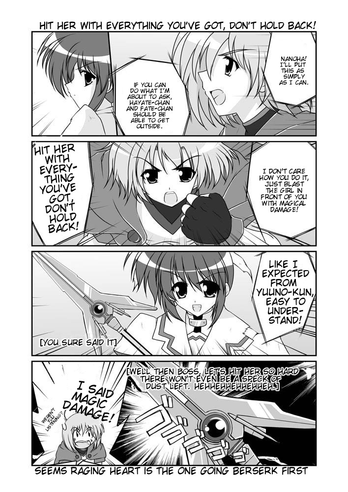 2girls cape clenched_hand comic english fingerless_gloves gloves greyscale hard_translated holding holding_staff holding_weapon lyrical_nanoha magical_boy magical_girl mahou_shoujo_lyrical_nanoha mahou_shoujo_lyrical_nanoha_a's mikage_takashi monochrome motion_lines multiple_girls open_mouth raising_heart short_hair staff sweatdrop takamachi_nanoha translated twintails upper_body weapon yuuno_scrya