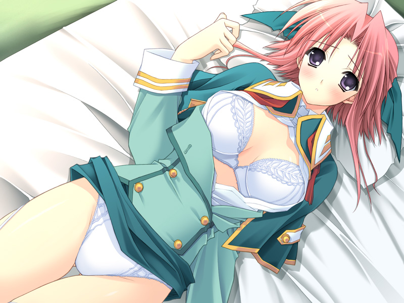 bed blush bow bra breasts dress_shirt game_cg hair_bow jacket lace lace-trimmed_panties large_breasts lingerie long_sleeves lying morisaki_nao on_back open_clothes open_shirt panties pantyshot pantyshot_(lying) pink_hair purple_eyes shirt short_hair skirt skirt_lift solo soul_link suzuhira_hiro thigh_gap underwear white_bra white_panties