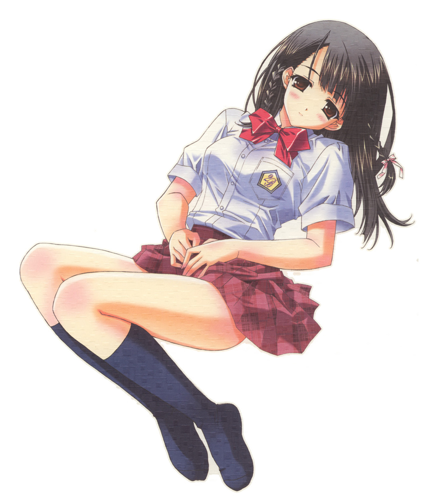 black_hair blush bow braid brown_eyes copyright_request hasumi_eran ribbon school_uniform serafuku socks solo