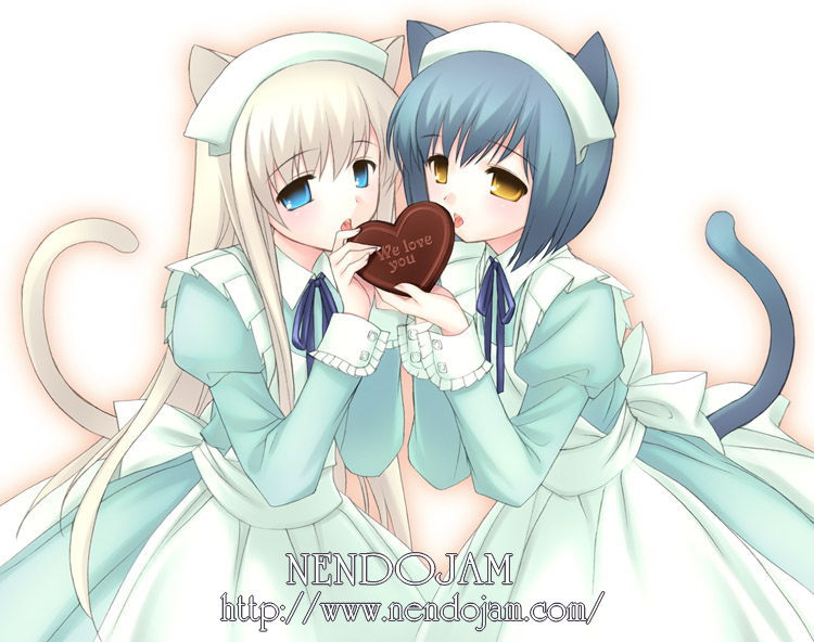 animal_ears blonde_hair blue_eyes blue_hair cat_ears cat_tail chocolate chocolate_heart copyright_request heart long_hair long_sleeves lugosi_ela maid multiple_girls shared_food short_hair tail valentine watermark web_address white_background yellow_eyes