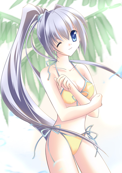 artist_request bikini blue_eyes copyright_request long_hair one_eye_closed solo swimsuit very_long_hair