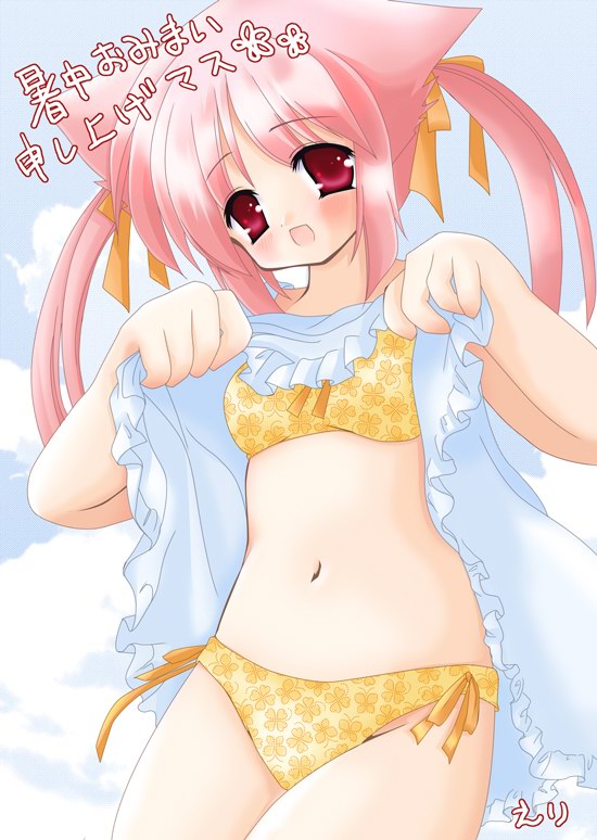 animal_ears artist_request bikini copyright_request dog_ears pink_hair red_eyes skirt skirt_lift solo swimsuit twintails